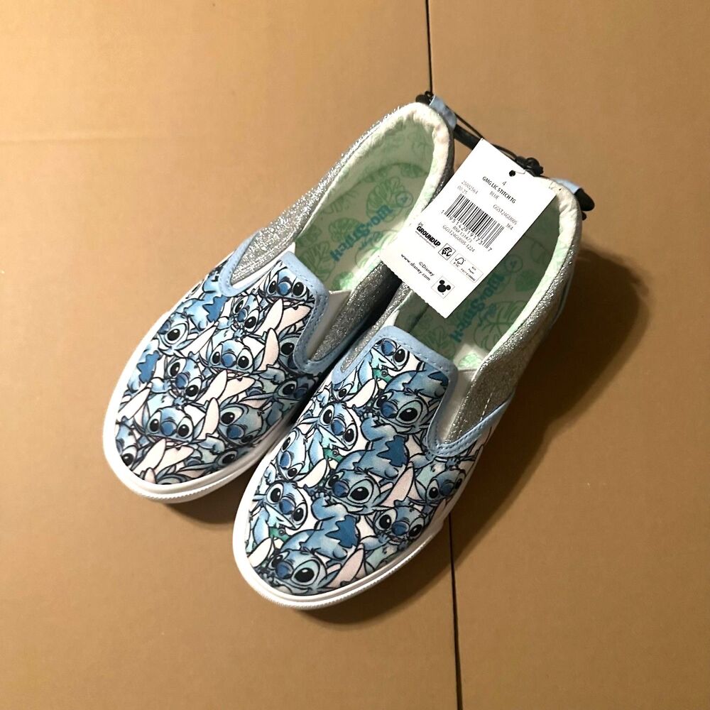 Disney Lilo & Stitch Girls Slip On Shoes Size 4 Blue Ground Up Glitter NWT